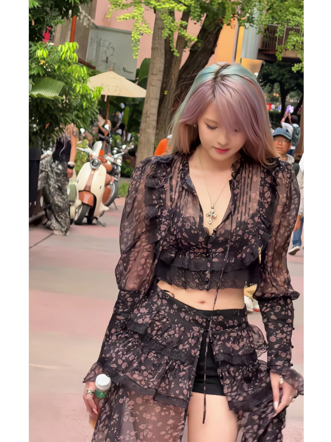 

Australian Wild Rose Floral Print irt Cardigan Belly Button Exposure Long Sve High Waist Autumn Spring Casual Date Suit
