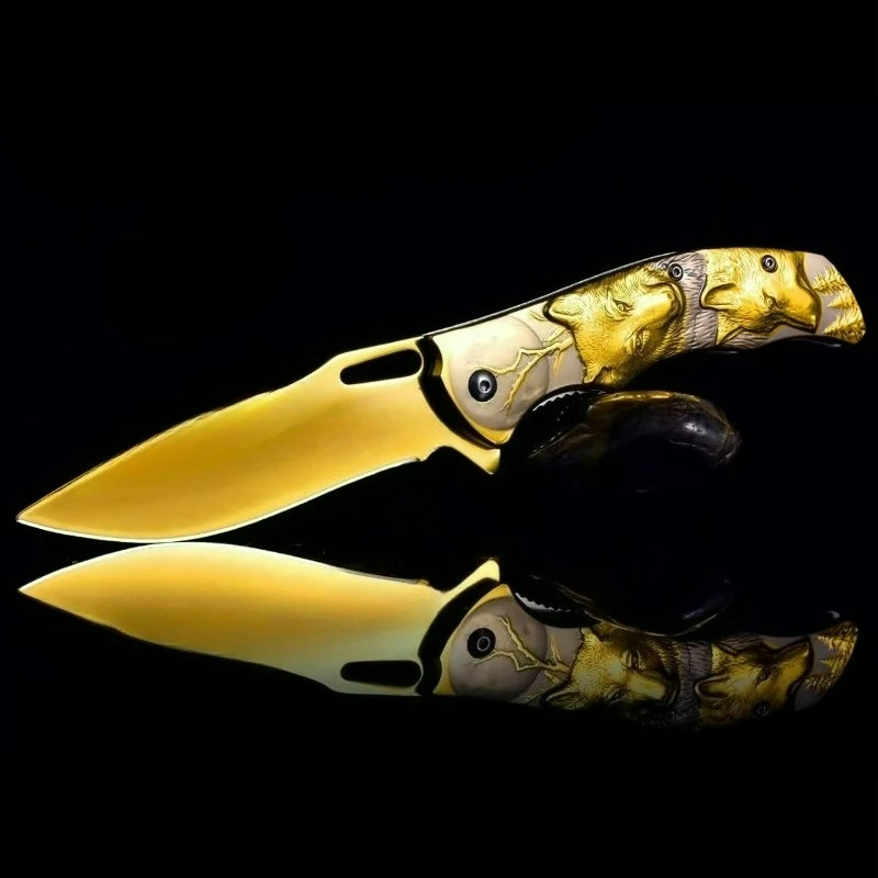 

Creative 3D embossed steel handle color titanium wolf head folding knife edc multitool knives outdoor bushcraft tactical knife