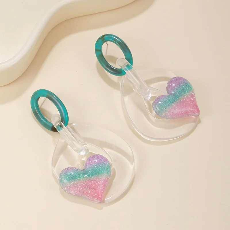 Cute Sweet Rainbow Heart Drop Earrings Women Geometric Acrylic Pendant Jewelry for Gifts