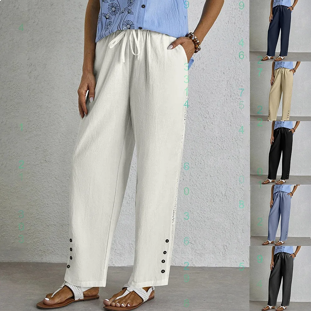 

Cotton Linen Drawstring Casual Pants Women Linen Trousers Lace Button Pockets Spring Summer