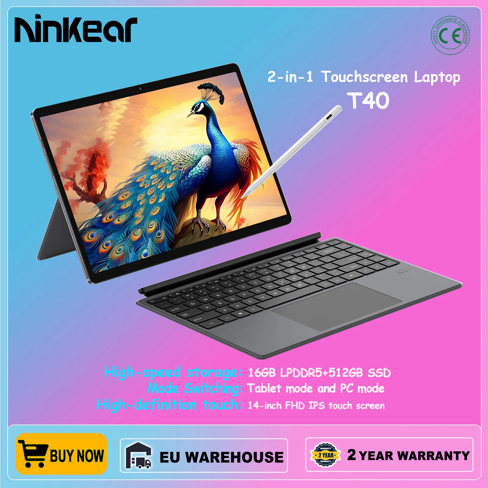 Ninkear T40 Laptop TouchScreen 2 in 1 Tablet Intel N100 14 Inch FHD 16GB DDR5+512GB SSD Wifi 6 RGB Backlit Keyboard With Stylus