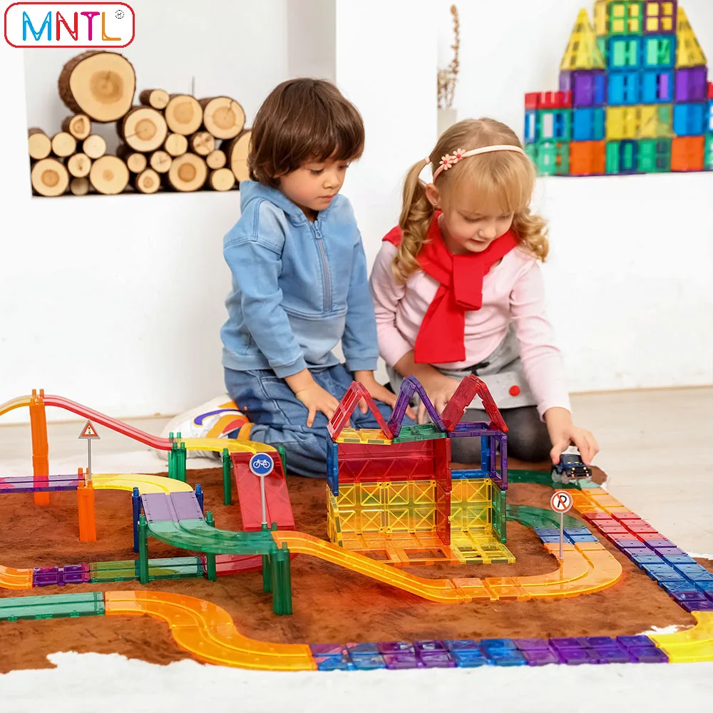 MNTL 108Pcs Magnetic Racing Car Track Toys STEM Education Learning Magnet Building Blocks Stack Tiles Kids Baby Boy Girl Toddler