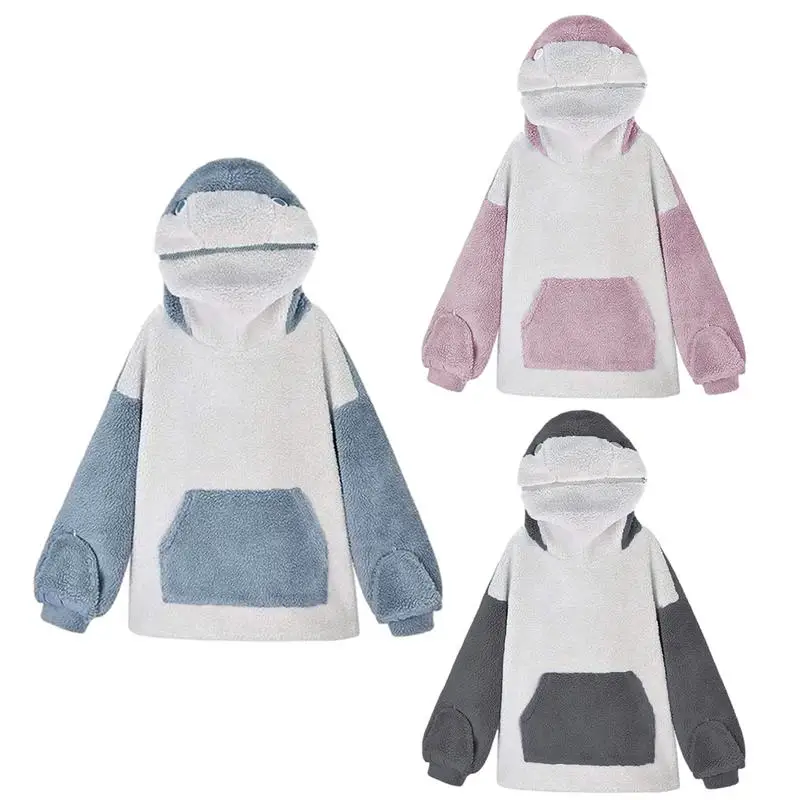 Shark Hooded Sweatshirt Oversized Blanket Hoodie with Gloves Long Sleeve Animal Pullover Birthday Gift for Women Men