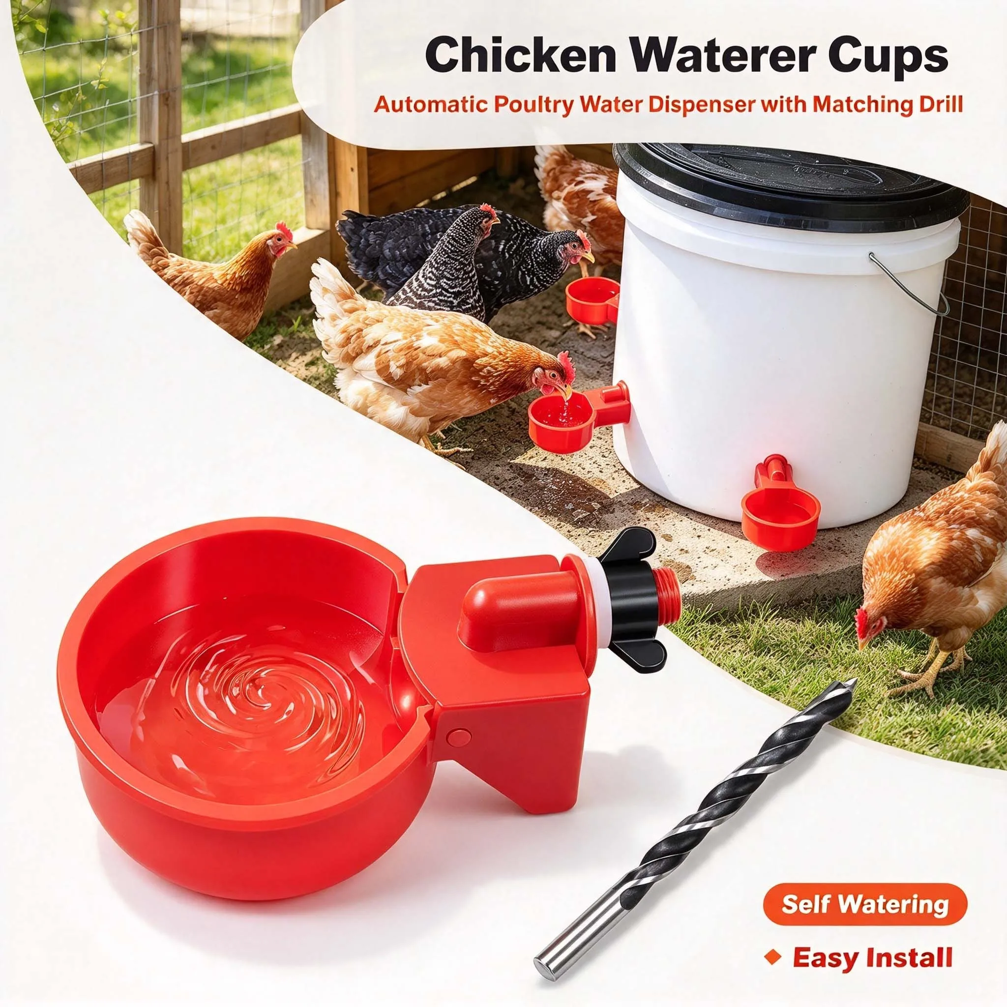Automatic Poultry Water Dispenser Cups Chicken Drinker Set with Matching Drill for Various Poultry Farm Backyard Watering Parts