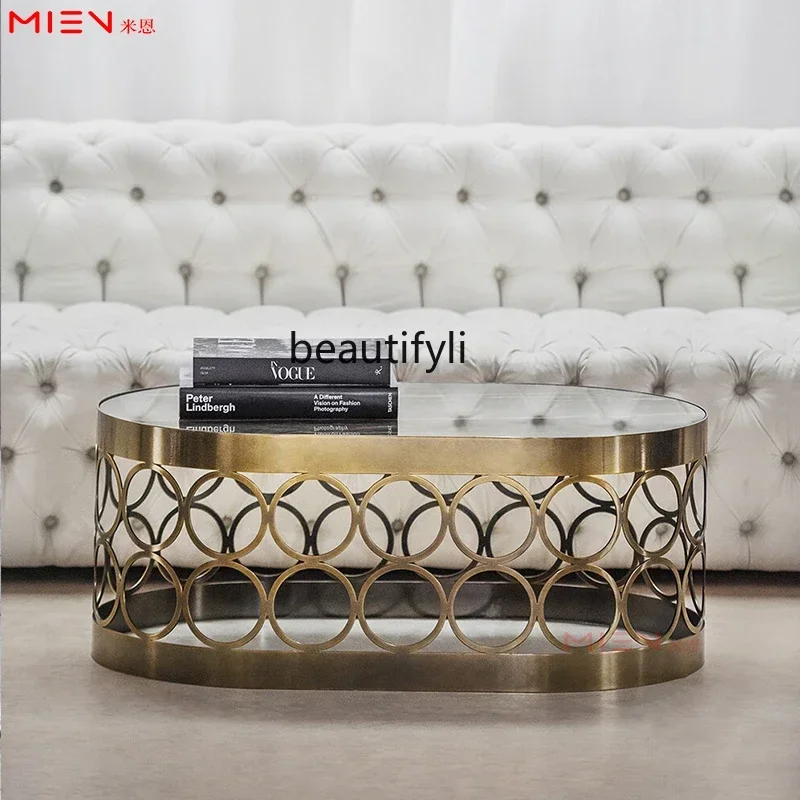 

6239Light luxury living room semi-circular coffee table at both ends Stainless steel yellow bronze living room tea table6239