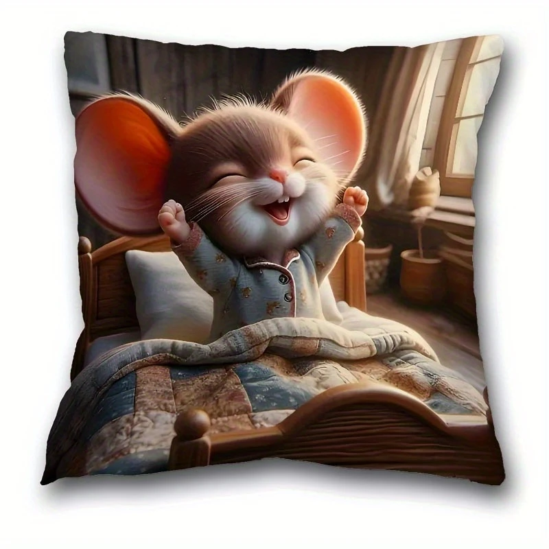 Cute Cartoon Mouse in Pajamas Pattern Pillow Decorative Cushion Cover for Home Office Living Room Sofa Decoration