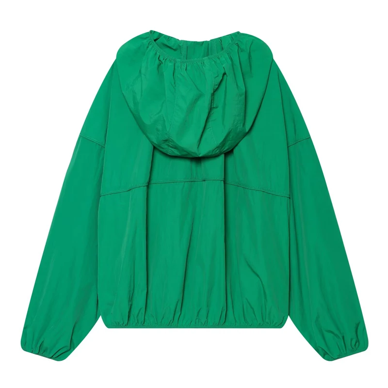 Women Thin Sun Protective Jacket Bright Green Ruffle Drawstring Collar Full Zip Long Sleeve Casual Daily Outdoor Outer Coat