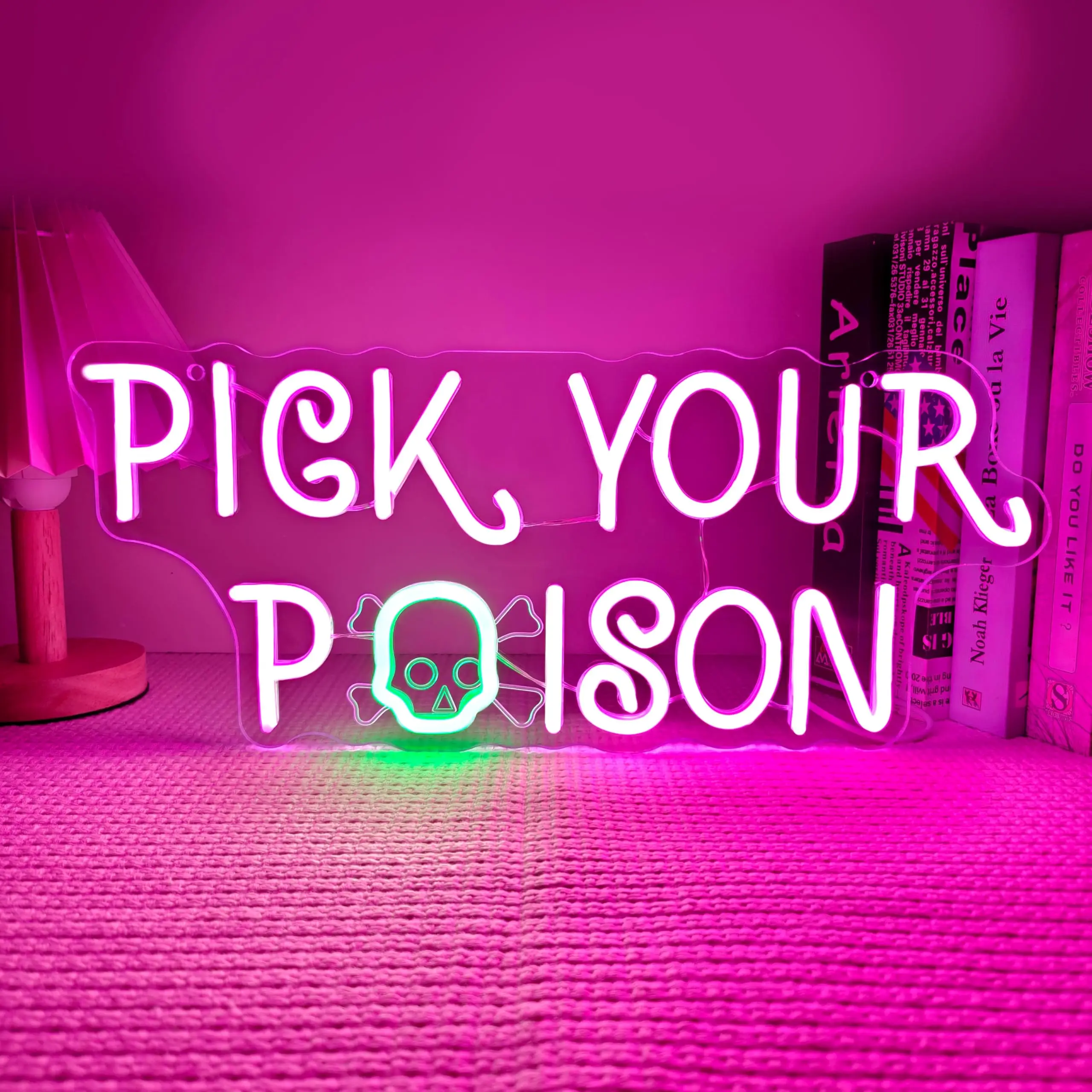 Pick Your Poison Skull LED Neon Sign for Wall Decor Halloween Holiday Party Bar Game Room USB Power Dimmable Switch Light Up