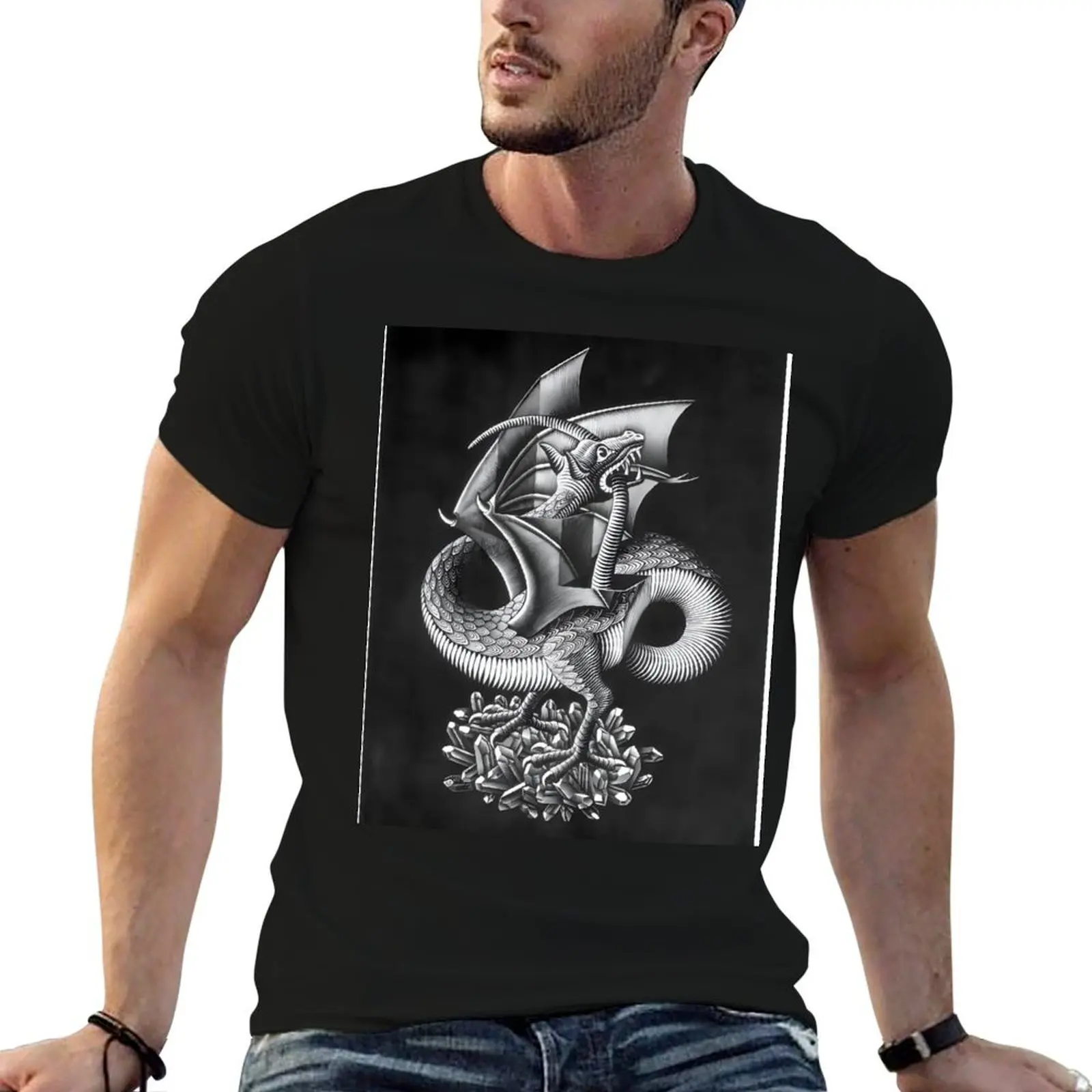 M.C. Escher - Dragon T-Shirt Minimalist Plain Crew Neck T-Shirt