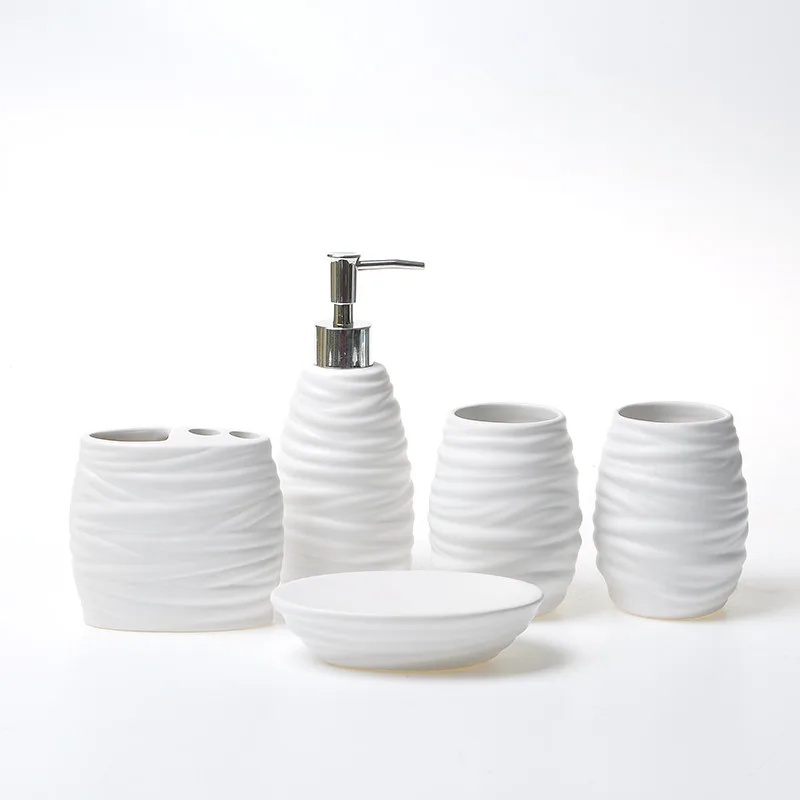 White Ceramic Bathroom 5-piece Set Bamboo Tray Accessories Couple Gargle Cups Lotion Bottle Toothbrush Holder Soap Dish