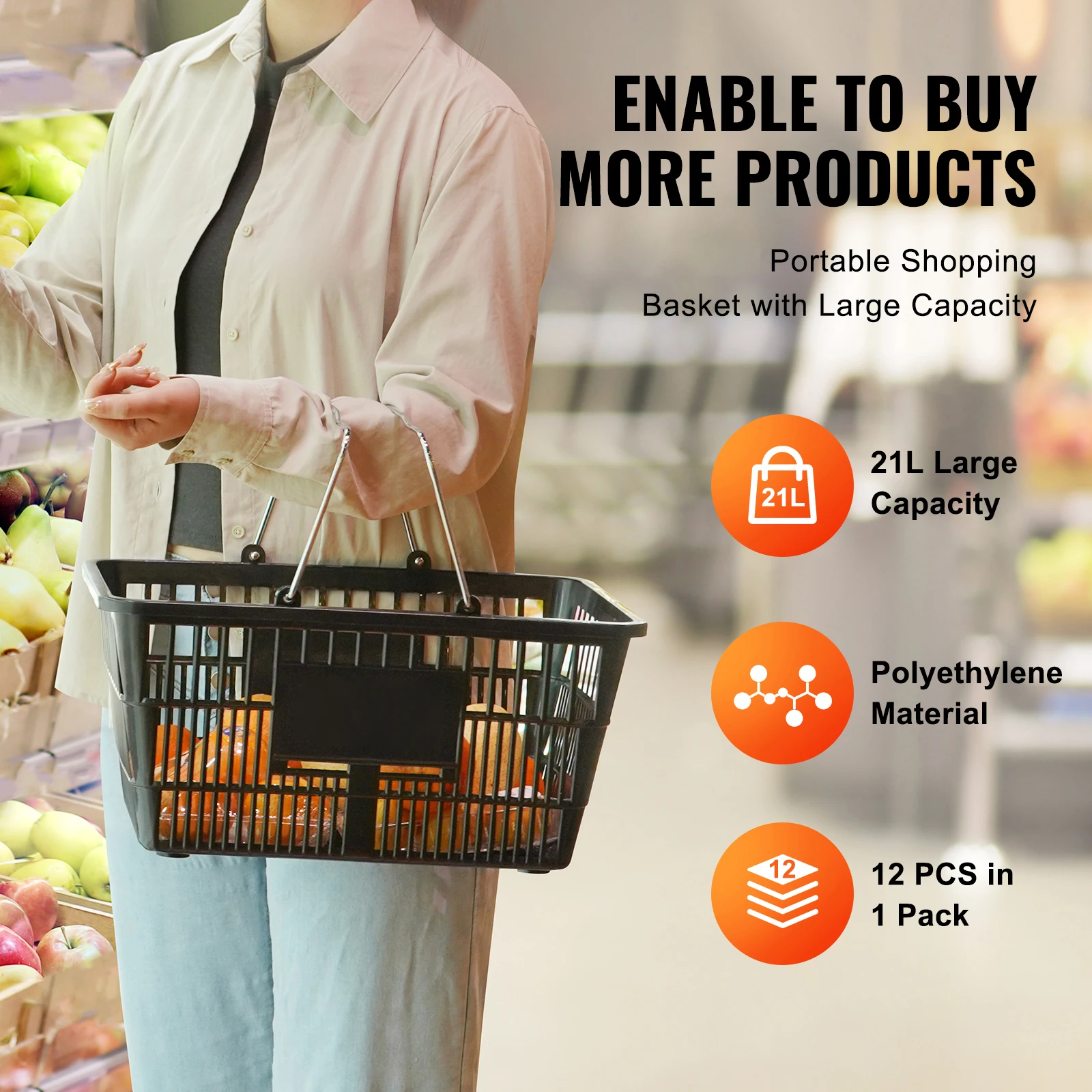 12PCS Shopping Basket 21L with Metal Handle & Stand Portable Plastic Shop Grocery Basket for Store Supermarket Grocery