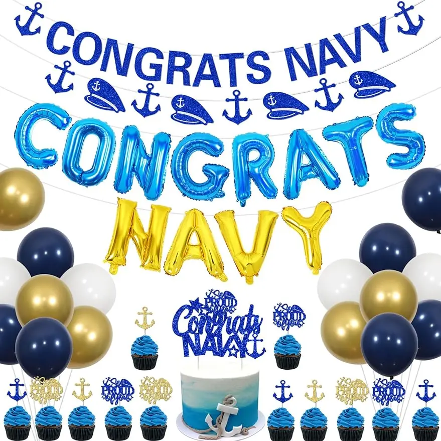 

SURSURPRISE-US Navy Graduation Decoration, Banner Cake Cupcake Toppers, Military Theme, Graduation Supplies, 2024