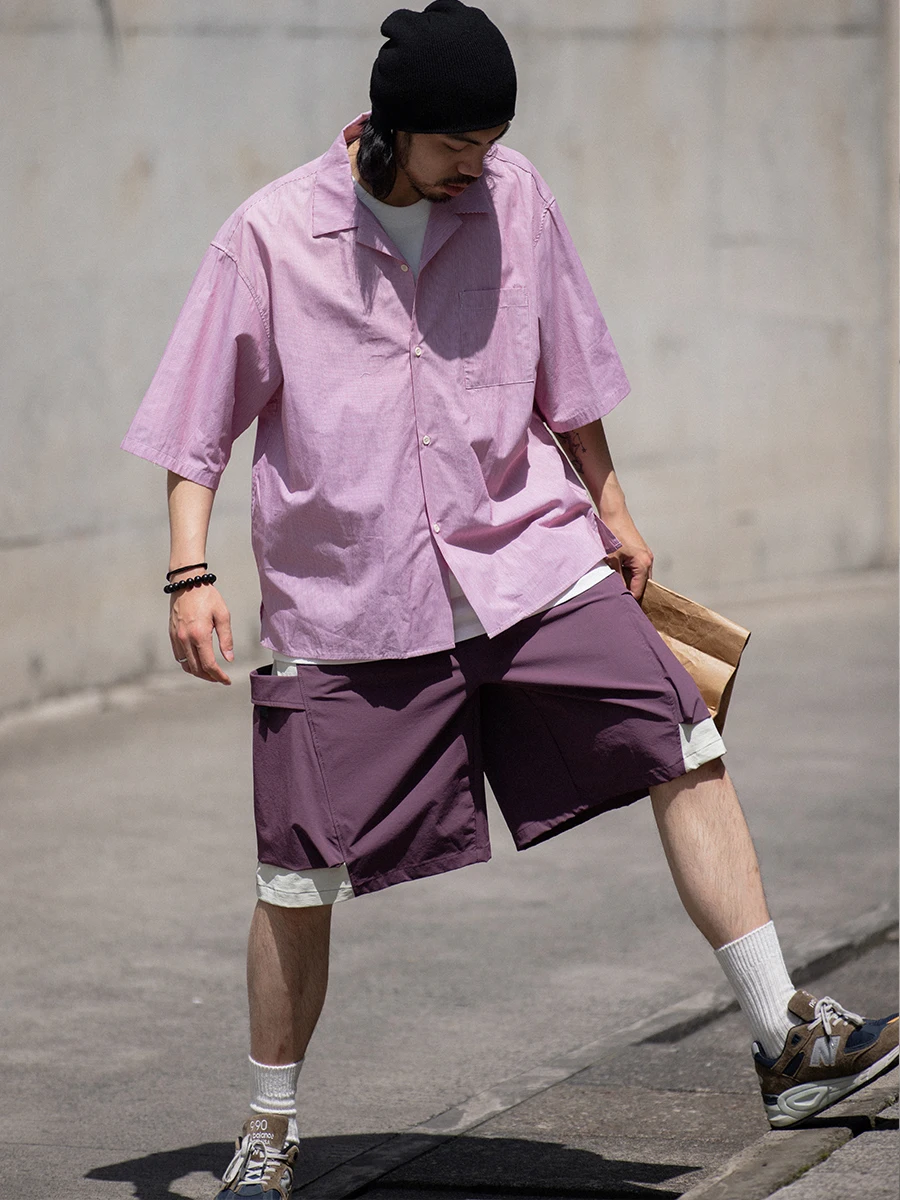 

Летняя розовая полосатая рубашка Noears с кубинским воротником, коротким рукавом, в винтажном японском стиле, с многослойным дизайном, из дышащего хлопка, молодежная, модная.