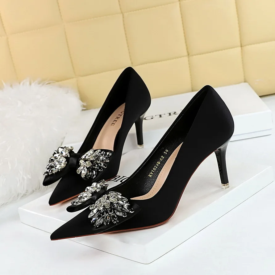 Banquet Women's Super High Middle Heels Shallow Notched Satin Rhinestone Bow Tie Single Ladies Wedding Heel Shoes Woman