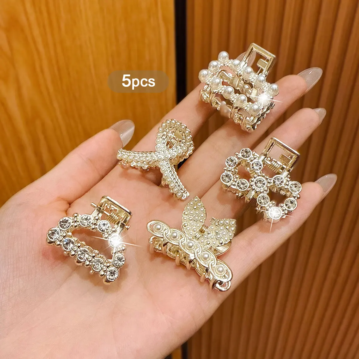 5 Premium Metallic Rhinestone Korean Style Elegance Hair Clips with Exquisite Design