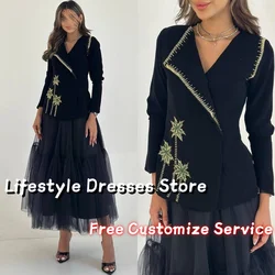 Customized Coconut Tree Beaded Long Sleeves Black Prom Dresses Tulle A-Line Crepe Jacket Evening Dress Saudi Formal Party Gown