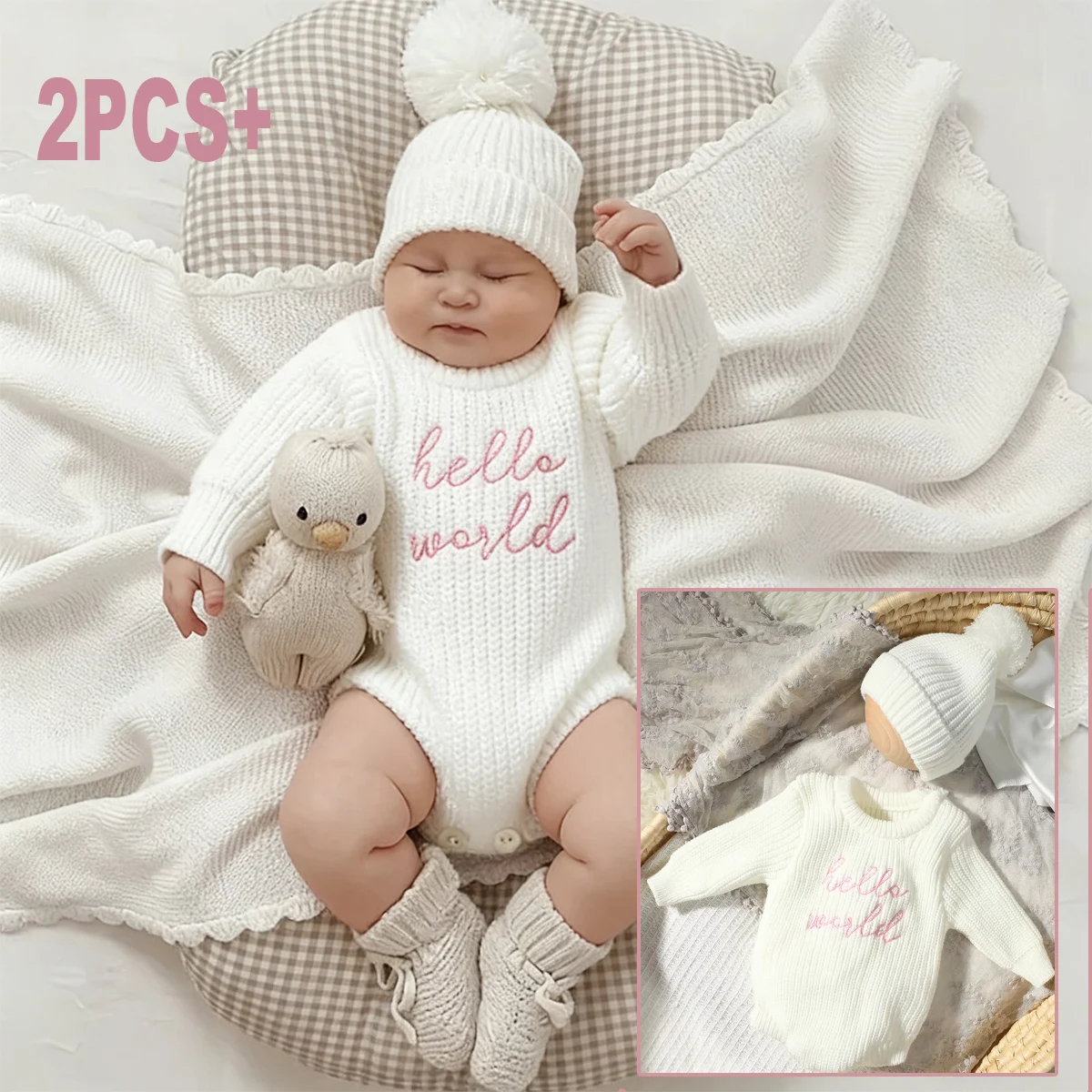 

Hello World Knitting Newborn Photography Romper with Matching Pomp Hat Baby Boy Girl Sweater Outfits for Photo Shooting