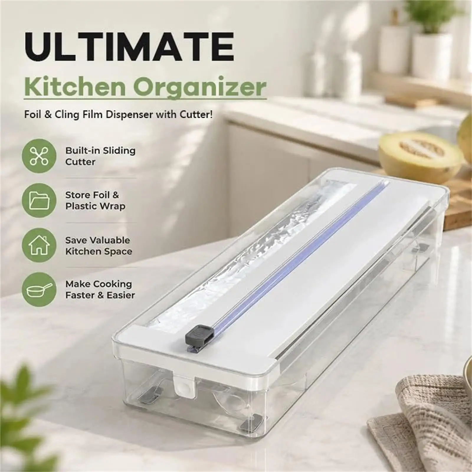 Aluminum Foil Dispenser with Cutter Transparent Anti-Slip Organizer for Cling Film, Baking Paper Oil-Proof Paper Drawer Cabine