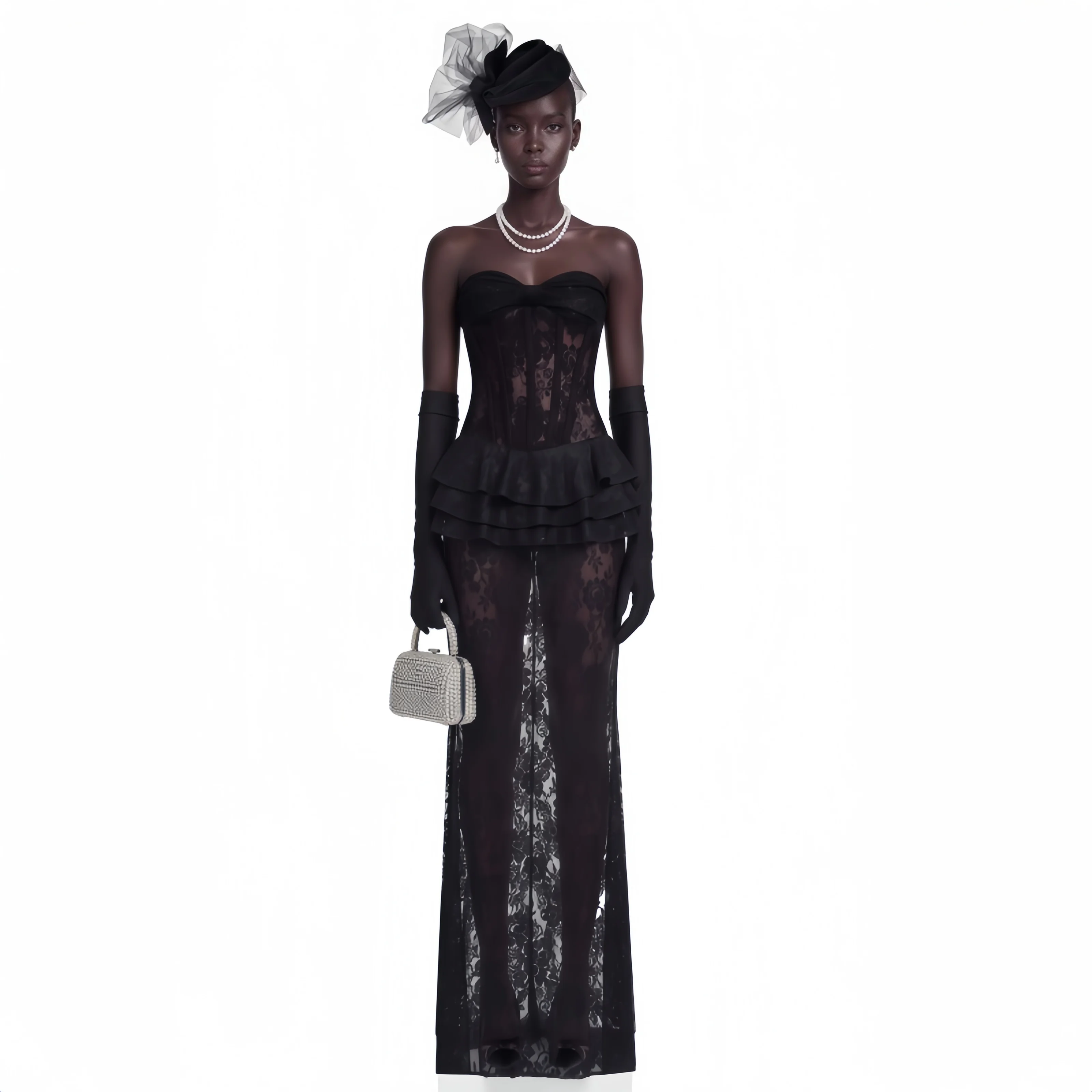 Robe longue noire sexy sans bretelles, à volants en dentelle, robe moulante sans manches et dos nu pour femmes, robe de soirée, robe de célébrité, robe de fête