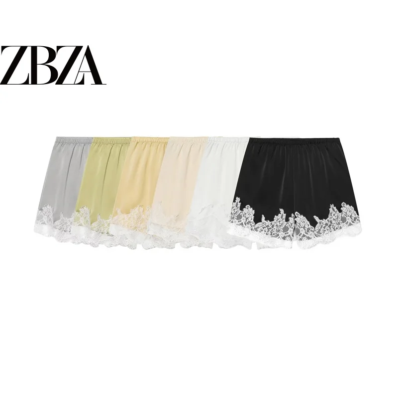 Casual Lace Trimmed Satin Patchwork Shorts Versatile Straight Leg Pants mid Waist Polyester Fiber Ladies Fashion Spring Season