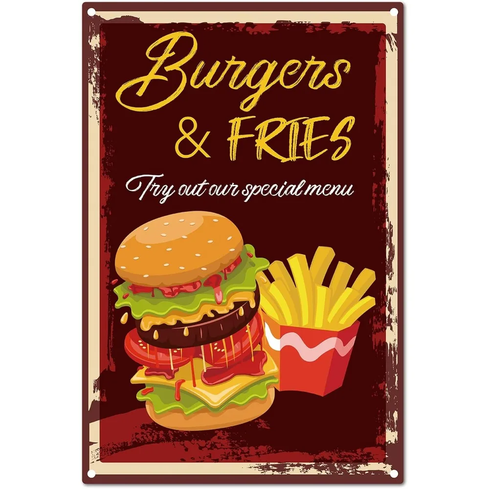 Burgers & Fries Sign Metal Tin Signs Vintage Retro for Plaque Poster Bar Pub Garage Fast Food Cafe Home Wall Decor making kit