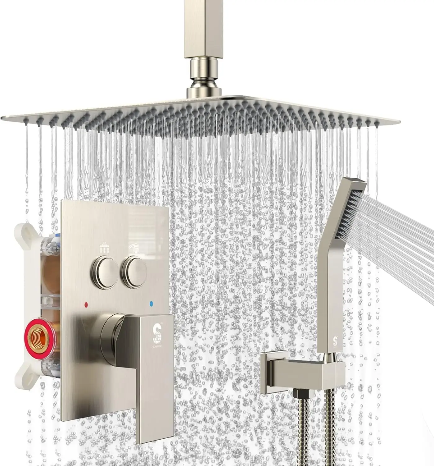 Shower System with Push Button Diverter Ceiling Mounted Luxury 10 Inch Rain Shower Head with Handheld Spray Brushed Nickel