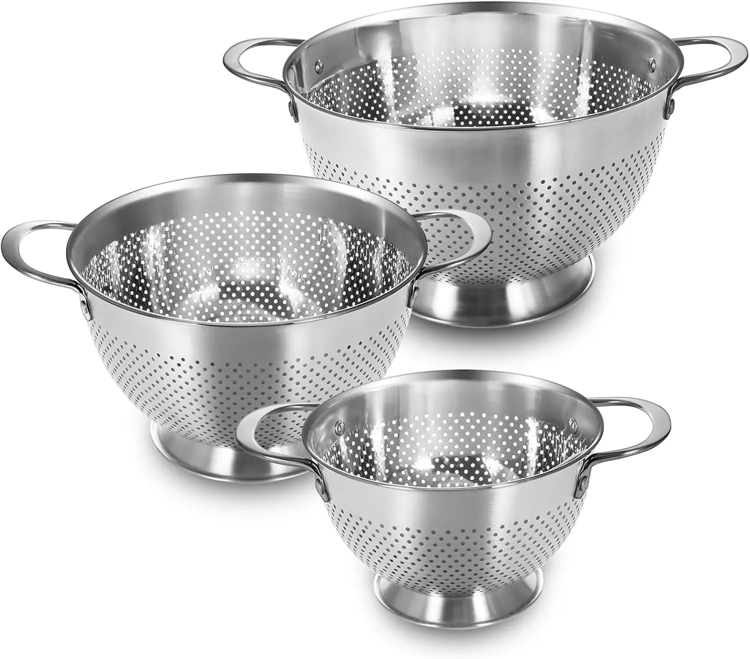 

Stainless Steel Colander Set of 3 (1.5-3-5Quart) | Durable Rice and Pasta Strainer with Handle | Oversized Handles | Nes