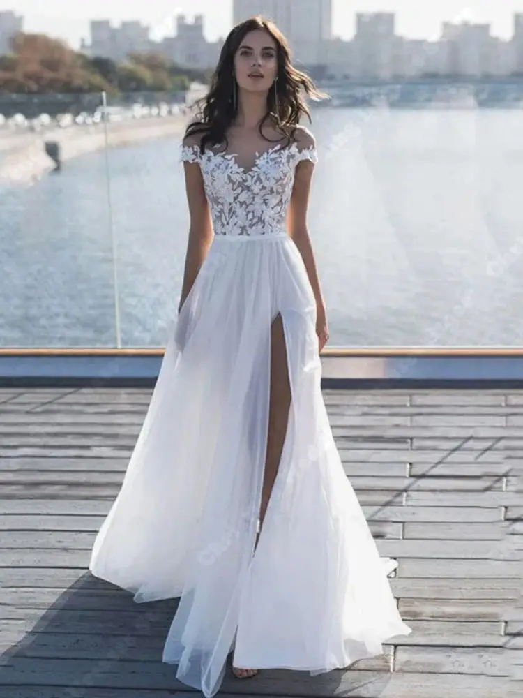 Vestido De Novia blanco puro elegante con hombros descubiertos, longitud De trapeado, apliques De encaje modernos, abertura lateral, nuevo