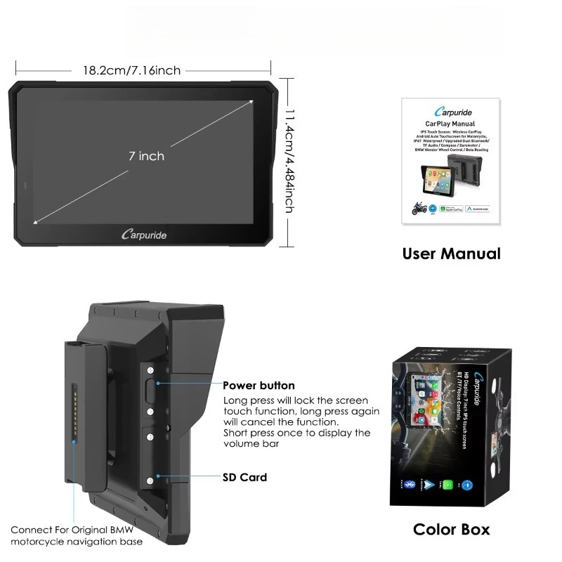 Carpuride 7 Inch Motorcycle 2K HD Multimedia Player GPS Navigation Wireless Carplay Android Auto IP67 Waterproof Touch Screen