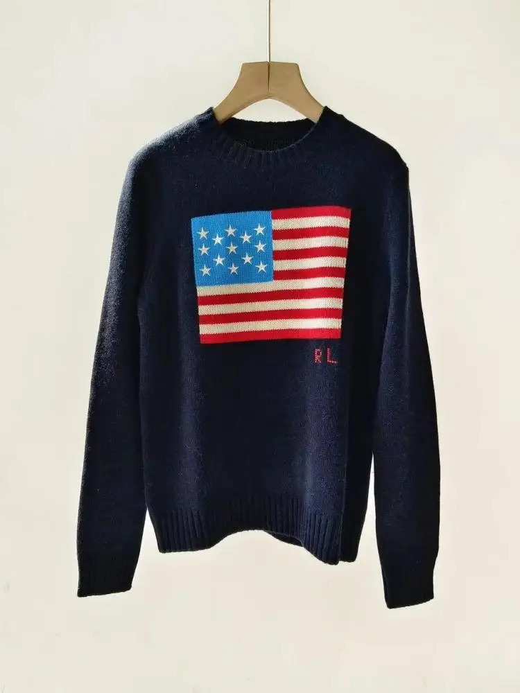 New 100% Cashmere Knitted O Neck Sweater For Women Long Sleeve Fashion Pullover Five Pointed Star Embroidery Striped Jumper 2024