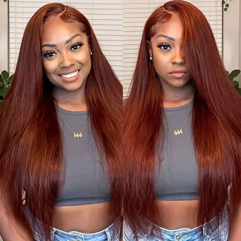 Reddish Brown Lace Front Human Hair Bone Straight 13x4 Lace Front Wig Pre Plucked 4x4 Closure Dark Red Brown 13x6 Frontal Wig