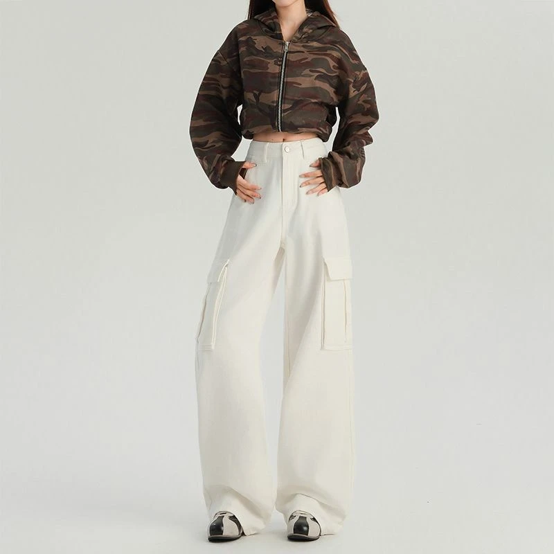 FINEWORDS Retro Korean Baggy White Jeans Women Easymatch Basic High Waist Jeans Streetwear Multiple Pocket Wide Leg Denim Pants