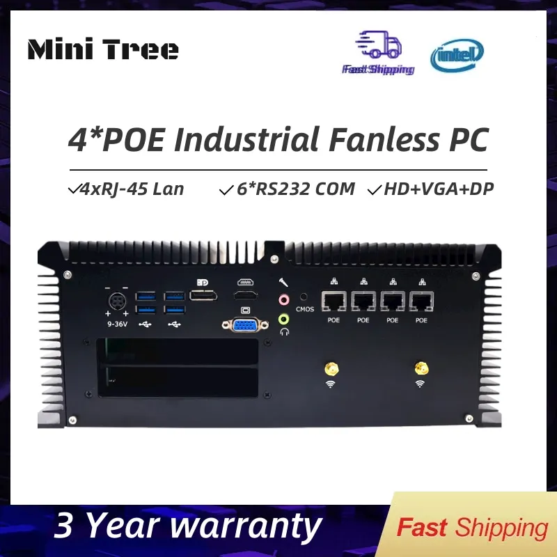 كمبيوتر صناعي بدون مروحة Core i7-7700HQ 6-COM Port HD VGA DP GPIO 4xIntel Lan POE Server للأتمتة البصرية في الصناعة