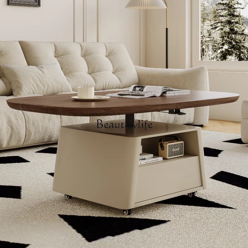 

Vintage Style Adjustable Coffee Table and Dining Table Dual-use with Universal Wheels Movable Side Table Cream Style