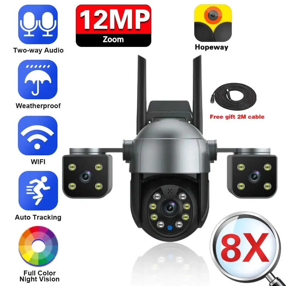 Outdoor 12MP Three Lens WIFI PTZ IP Camera with 4K Three Screens Human Auto Tracking Security CCTV Surveillance Cam 2 Way Audio