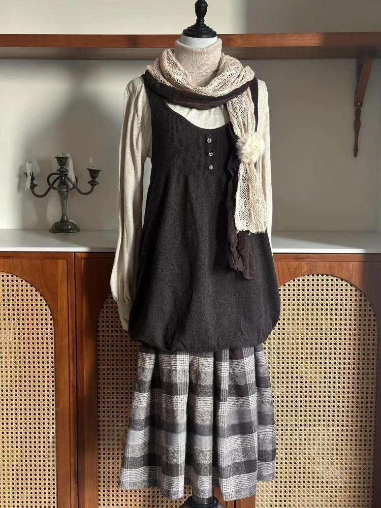 Y2k Japan Style Kawaii 3 Piece Skirt Sets Women 2000s Harajuku Vintage Sweet Suits Autumn Tops + Loose Camis + Plaid Midi Skirts