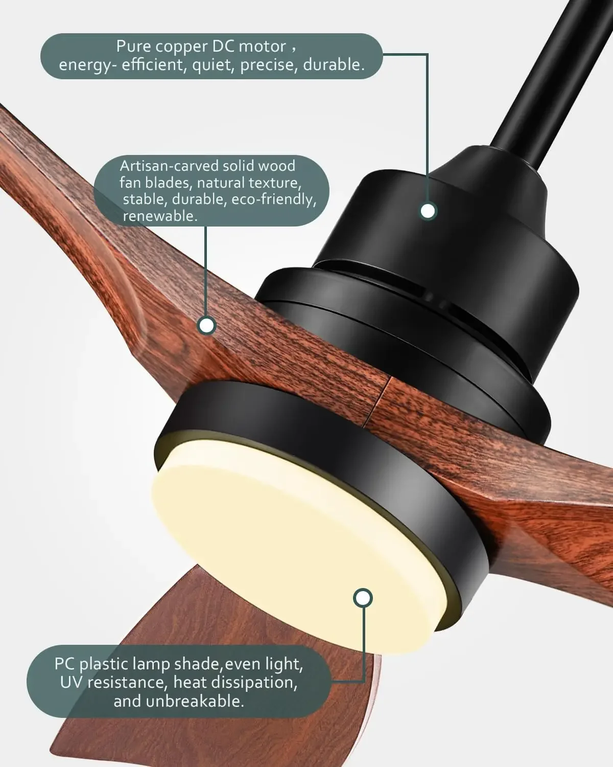 Ventilador de teto moderno com luzes e controle remoto, silencioso e reversível, 3 lâminas, pólos inferiores, motor DC