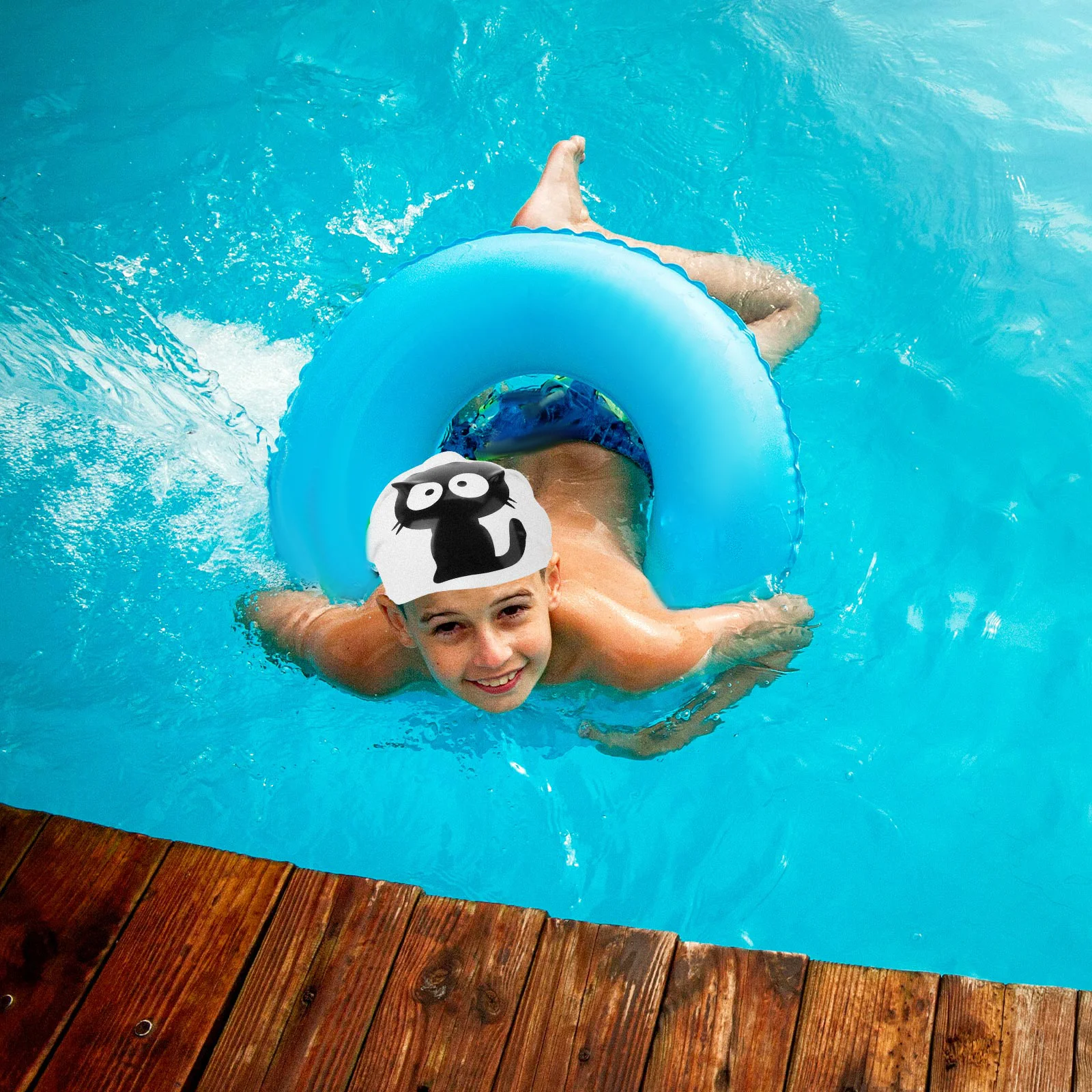 

Kids Silicone Swimming Cap Cartoon Cat Pattern Waterproof Lightweight Elastic Protective Swim Hat Swimming Cap