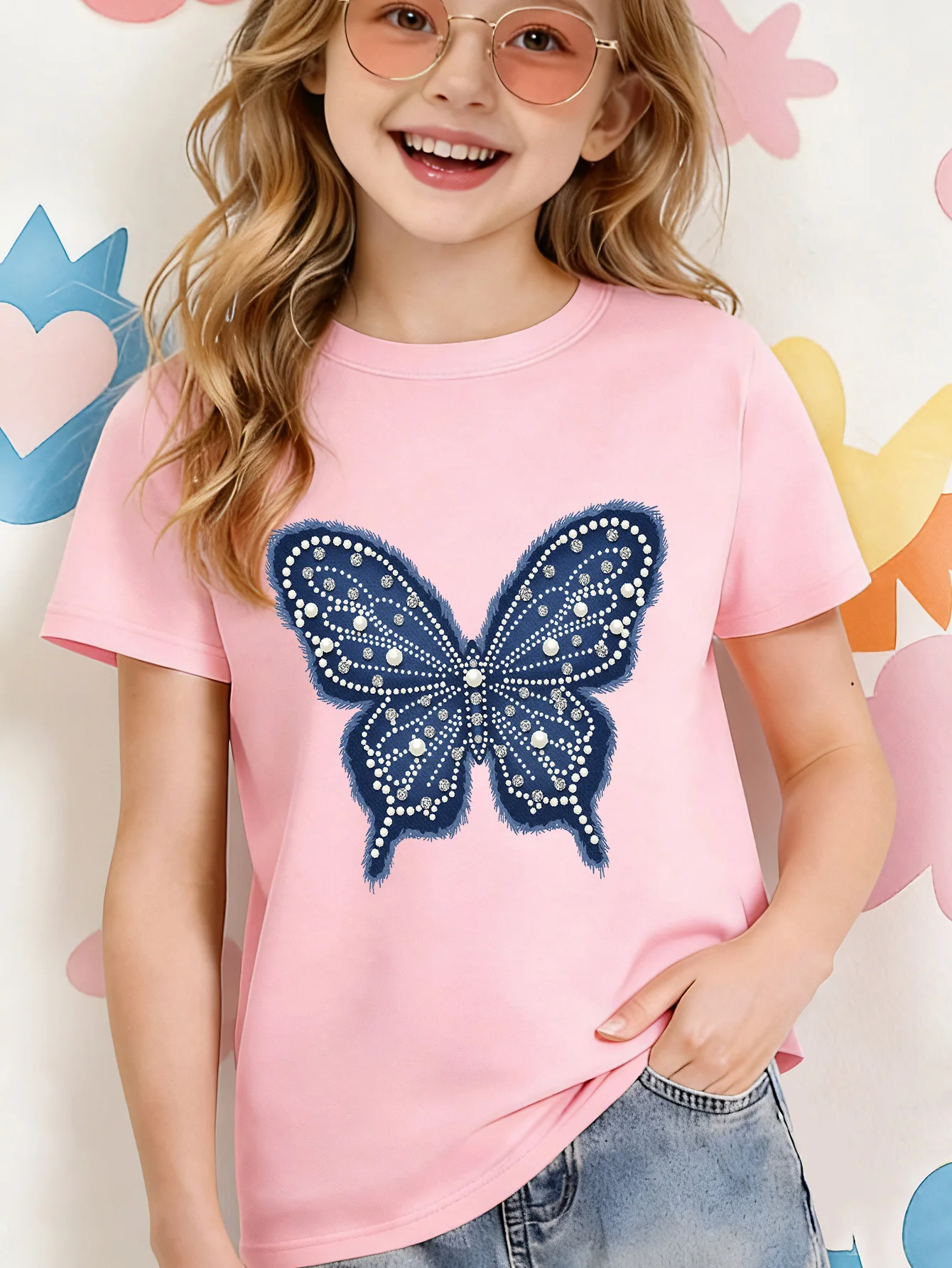 Faux Pearl Rhinestone Butterfly Print Kids T Shirt Girls Short Sleeve Crew Neck Cotton Party Parent Child Matching Casual Tees