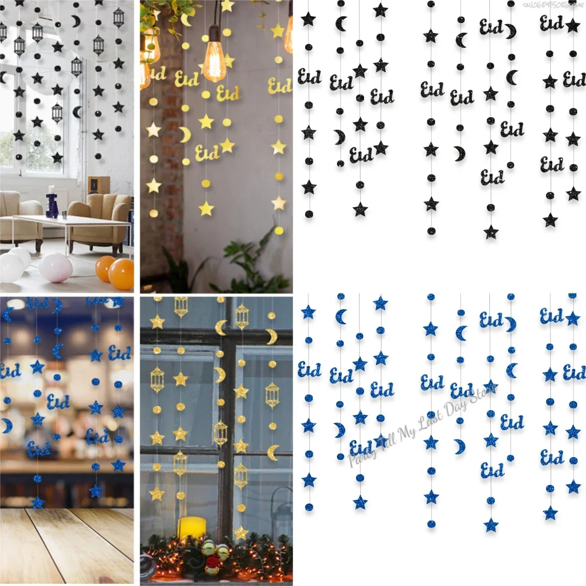 Glitter Paper Gold Star Moon Garlands Streamer Eid Mubarak Hanging Ornaments Ramadan Kareem Decor Banner Muslim Party Supplies