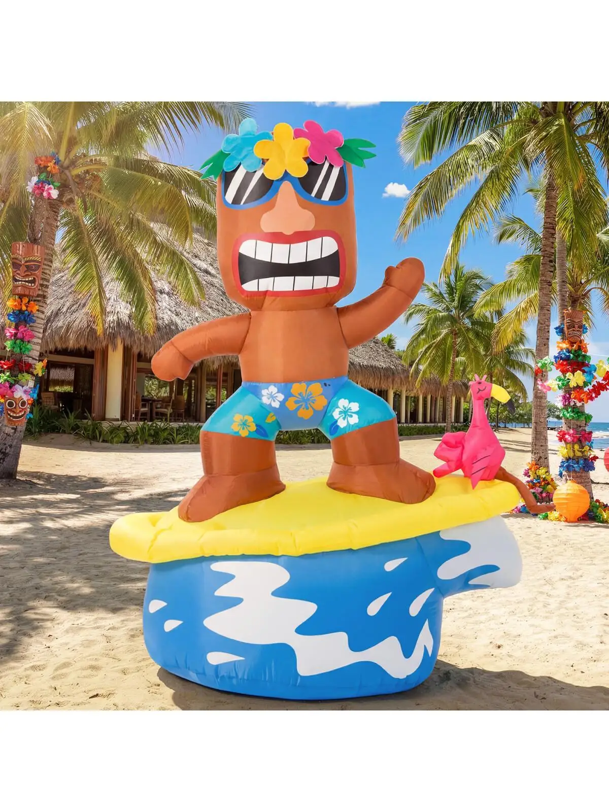 

5FT Flamingo Inflatable Tiki Surfboard Luau Party Decorations, Summer Inflatables Outdoor Decorations with LEDs and Blower