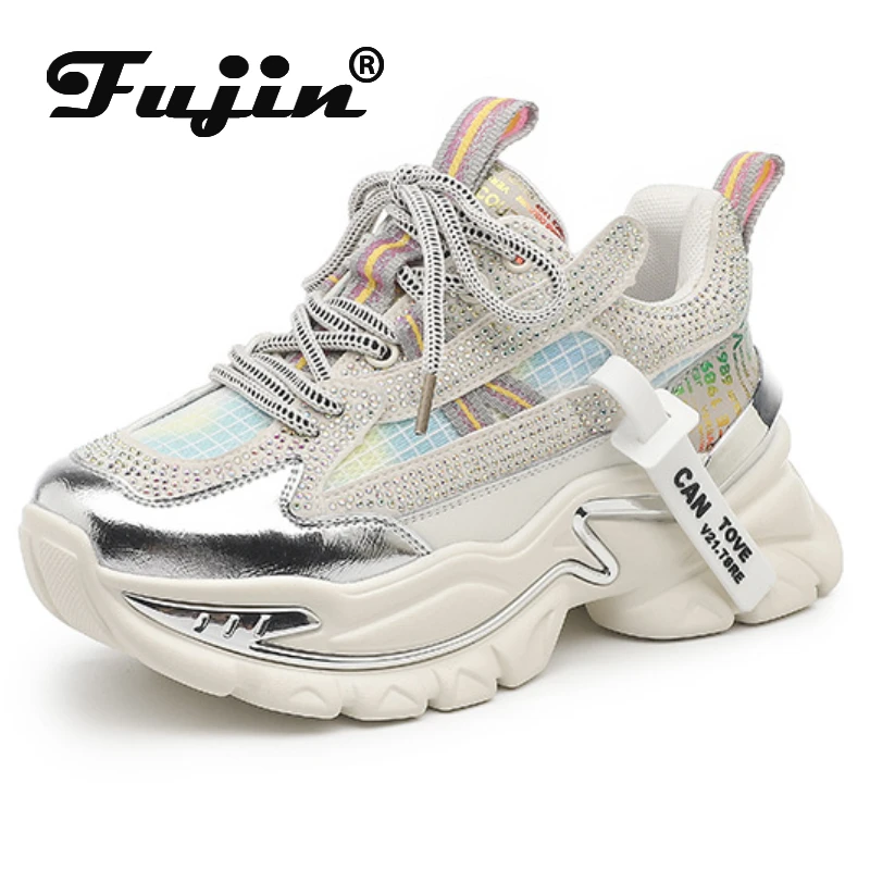 Fujin 5cm Genuine Leather Rhinestone Bling Chunky Sneakers Spring Summer Autumn Breathable Platform Wedge Women Fashion Shoes