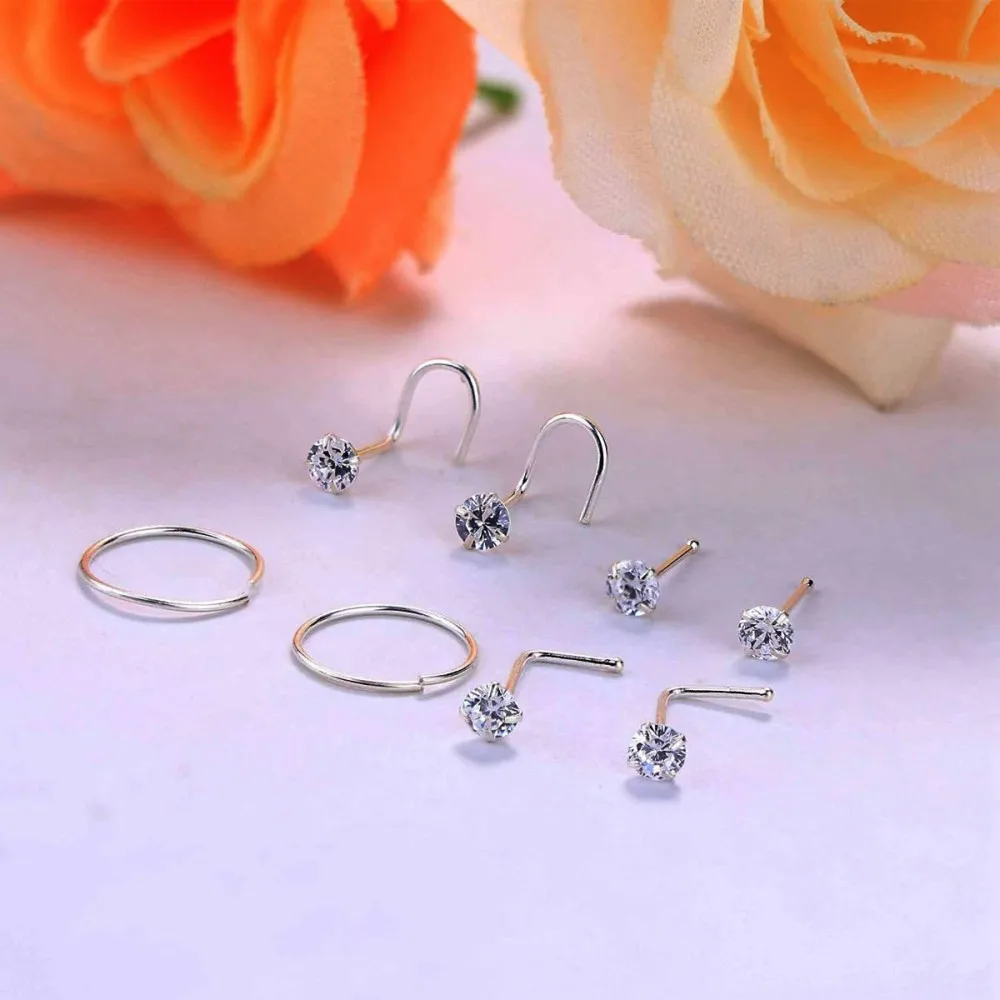 Conjunto de 8pcs de acero inoxidable 20G anillos de nariz Studs en forma de L sacacorches CZ aros pendientes para piercings joyería plata