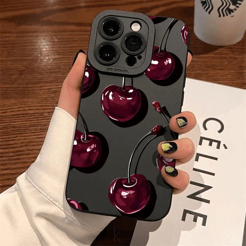 Coque de téléphone Cherry pour iPhone 17 Air16 15 14 13 12 11 Pro Max Plus 13/12 Mini XR 7, protection noire antichoc