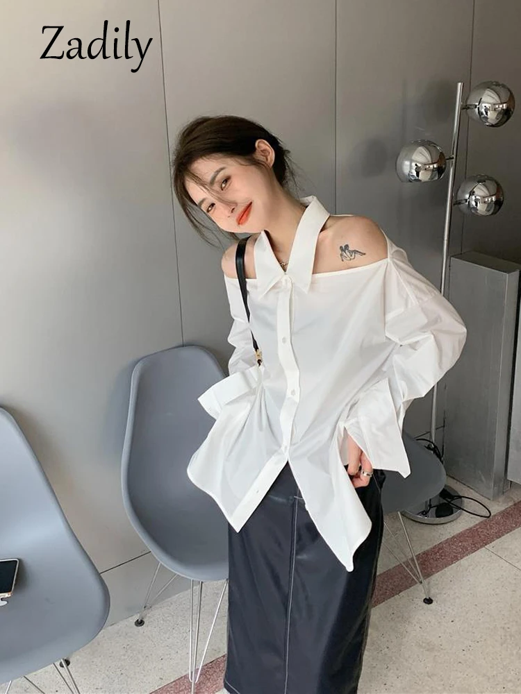 Zadily 2023 Summer Long Sleeve White Shirt Women Korean Style Off The Shoulder Button Ladies Tunic Blouse Female Clothing Tops