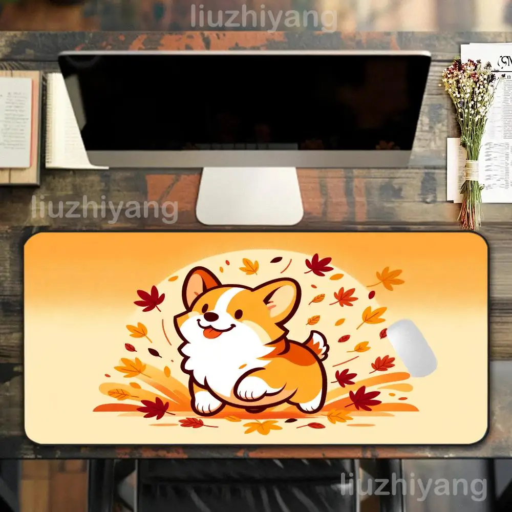 แผ่นรองเมาส์ลายคอร์กี้น่ารัก ขนาดใหญ่ สำหรับคอมพิวเตอร์ สำนักงาน เล่นเกม แผ่นรองโต๊ะ XXL ยางกันลื่น ขอบเย็บ แผ่นรองคีย์บอร์ด แผ่นรองโต๊ะยาว