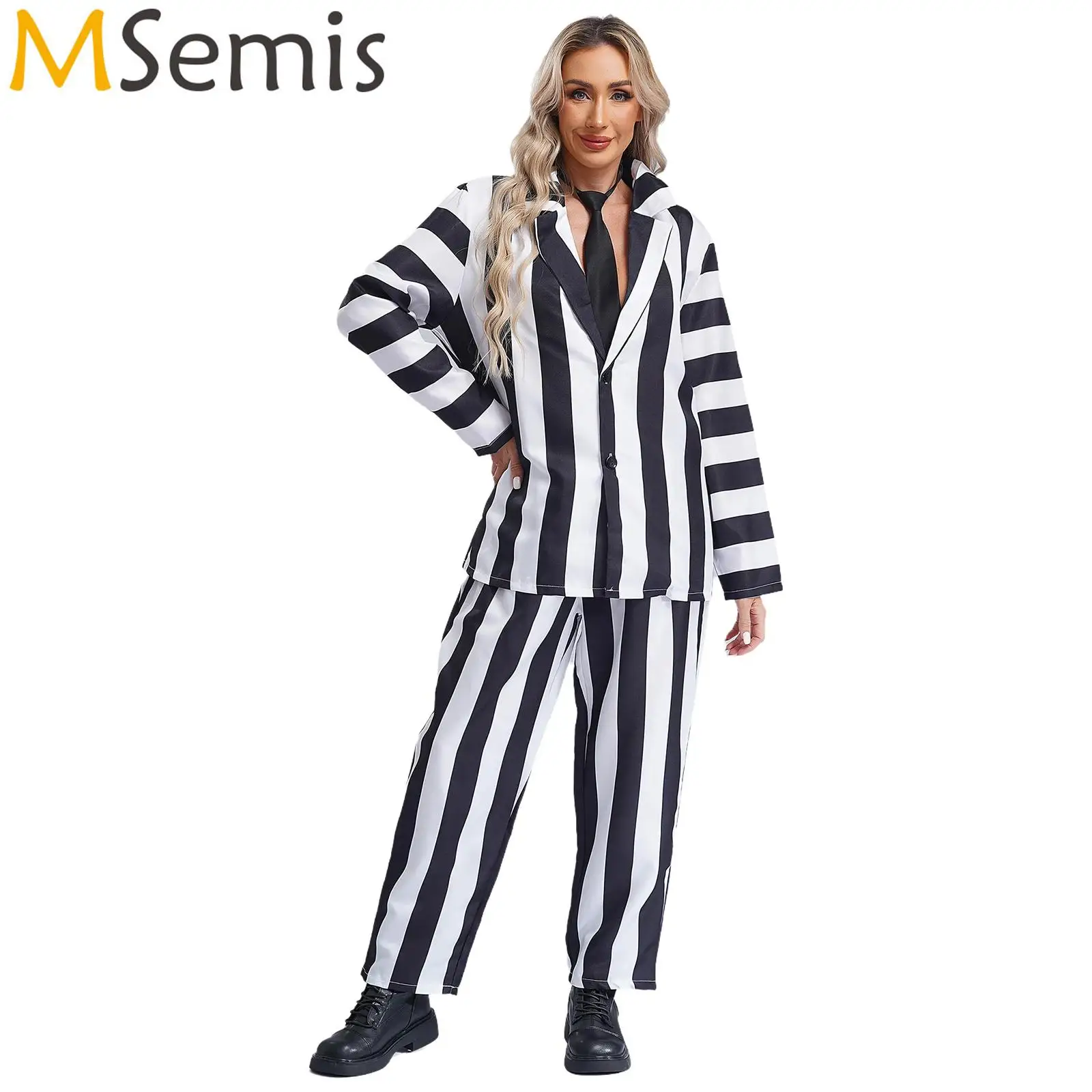 Womens Adult Spooky Movie Cosplay Striped Costumes Long Sleeve Blazer Outerwear Necktie And Long Pants Horror Films 3-piece Suit