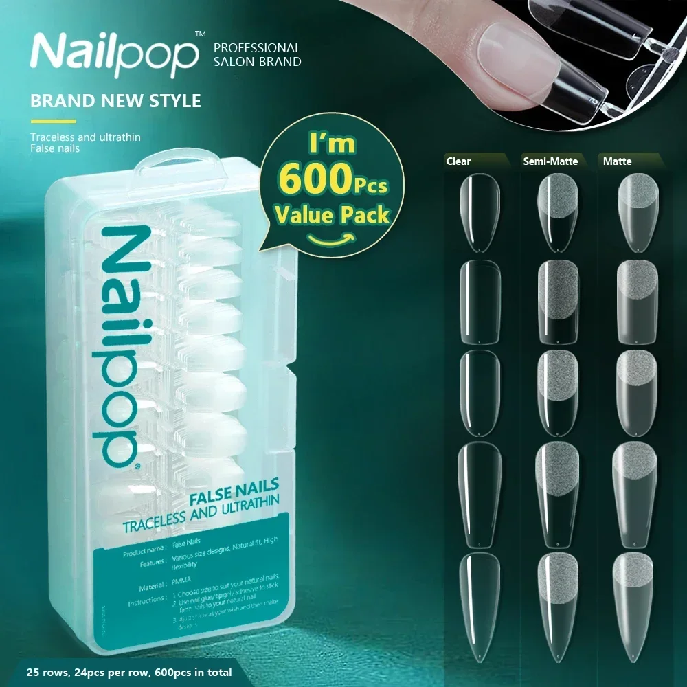 

Nailpop 600pcs PRO Fake Nails Full Cover False Nail Tips Acrylic Nail Capsules Professional Material Finger Soak Off Gel Tips