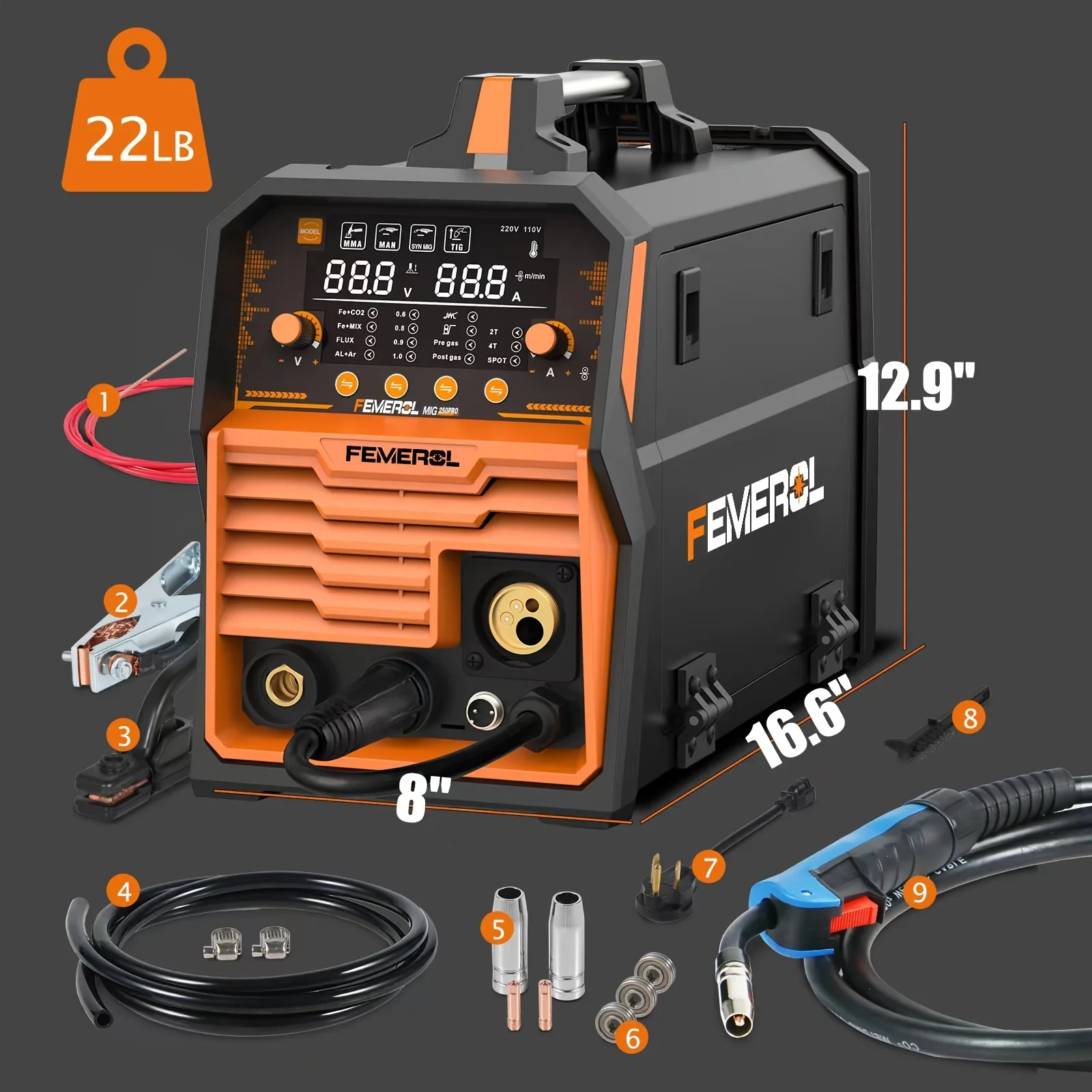 FEMEROL 6 In 1 Gas MIG Gasless Flux Core Stick Lift TIG Spot Welding Spool Gun Compatible Aluminum Welding Machine 110V/220V