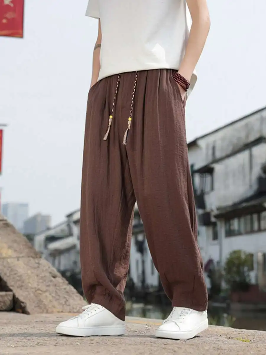 

Новые мужские хлопковые льняные спортивные повседневные брюки в китайском стиле в стиле ретро, свободные прямые широкие брюки, удобные всесезонные брюки